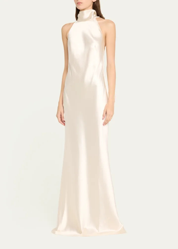 Refined Satin Mermaid Halter Neck Tie Back Floor Length Evening Dress