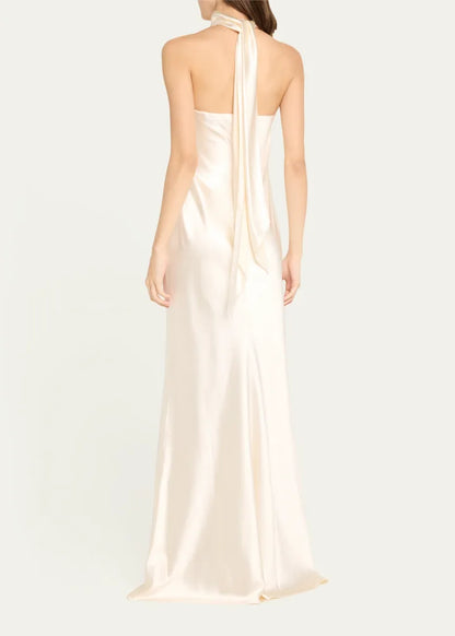 Refined Satin Mermaid Halter Neck Tie Back Floor Length Evening Dress