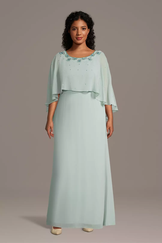 Refined Round Neck Mother of the Bride Dress with Sheer Cape Overlay and Beaded Floral Embroidery