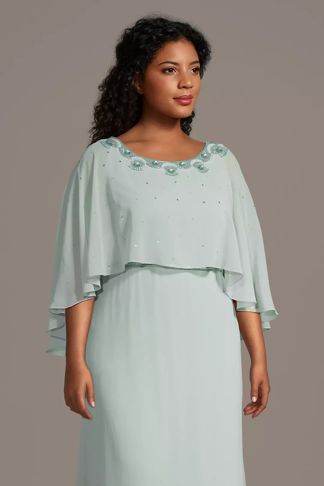 Refined Round Neck Mother of the Bride Dress with Sheer Cape Overlay and Beaded Floral Embroidery