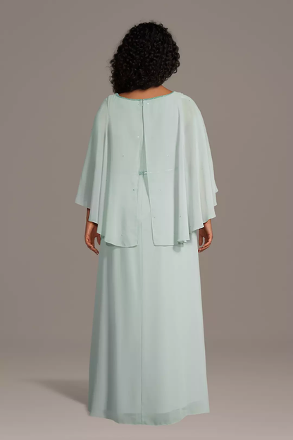 Refined Round Neck Mother of the Bride Dress with Sheer Cape Overlay and Beaded Floral Embroidery