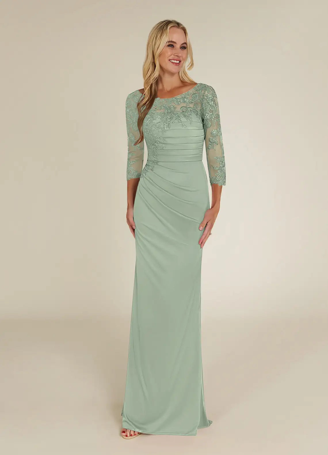 Refined Mermaid Boat Neck 3/4 Sleeve Lace Floor Length Mother of the Bride Dress