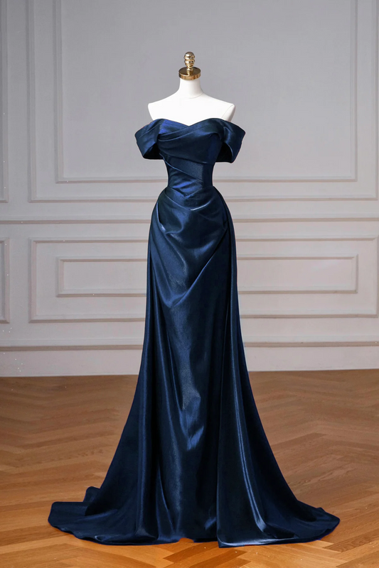 Regal satin ball-gown prom dress with off-shoulder neckline and corset back.