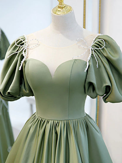 Regal A-Line Illusion Neck Puff Sleeve Bow Accent Floor Length Satin Prom Dress