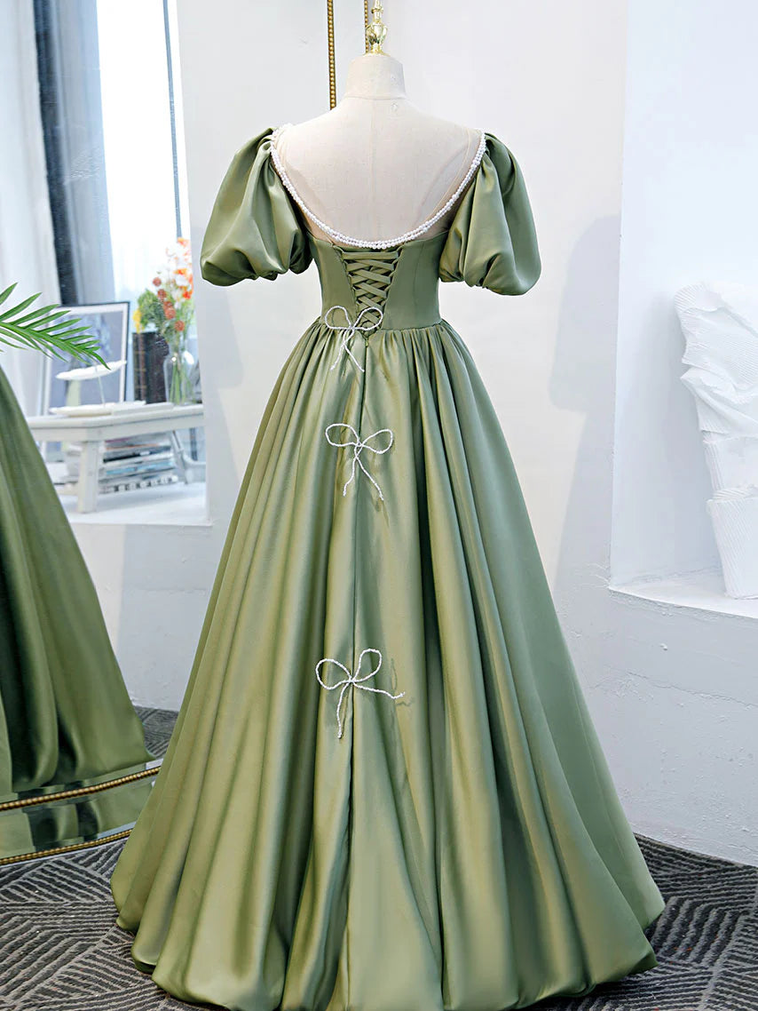 Regal A-Line Illusion Neck Puff Sleeve Bow Accent Floor Length Satin Prom Dress