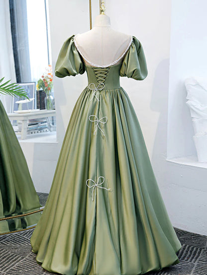 Regal A-Line Illusion Neck Puff Sleeve Bow Accent Floor Length Satin Prom Dress