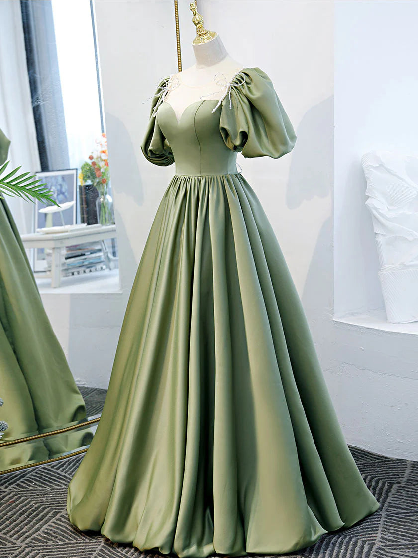 Regal A-Line Illusion Neck Puff Sleeve Bow Accent Floor Length Satin Prom Dress