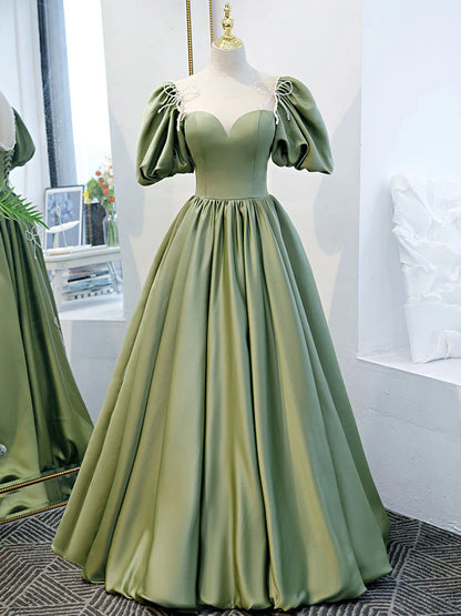 Regal A-Line Illusion Neck Puff Sleeve Bow Accent Floor Length Satin Prom Dress