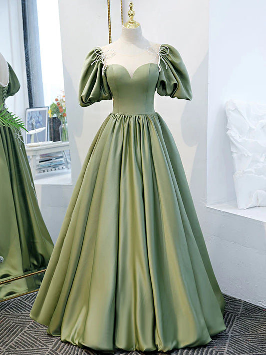 Regal A-Line Illusion Neck Puff Sleeve Bow Accent Floor Length Satin Prom Dress