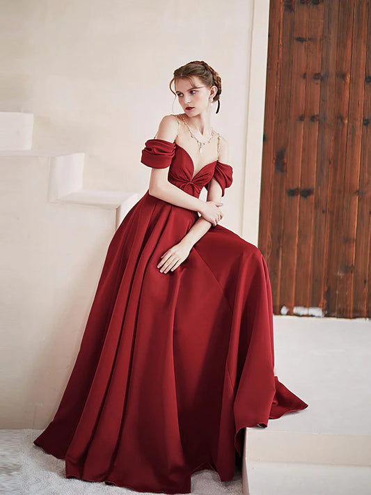 Regal A-Line Off-the-Shoulder Crystal Strap Floor Length Satin Prom Dress