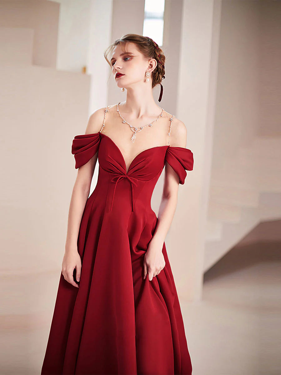 Regal Satin A-Line Off-Shoulder Crystal Strap Corset Back Floor Length Prom Gown