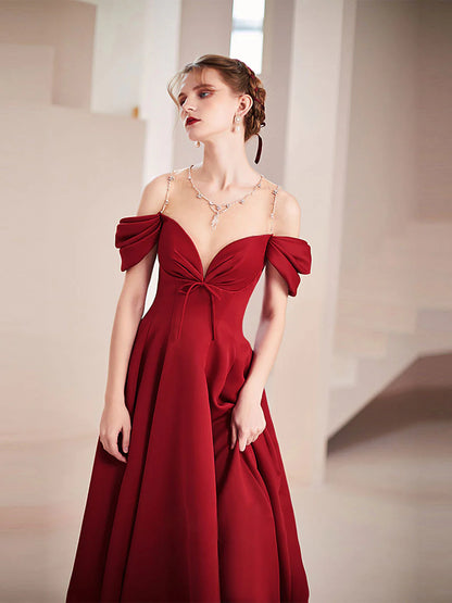 Regal Satin A-Line Off-Shoulder Crystal Strap Corset Back Floor Length Prom Gown