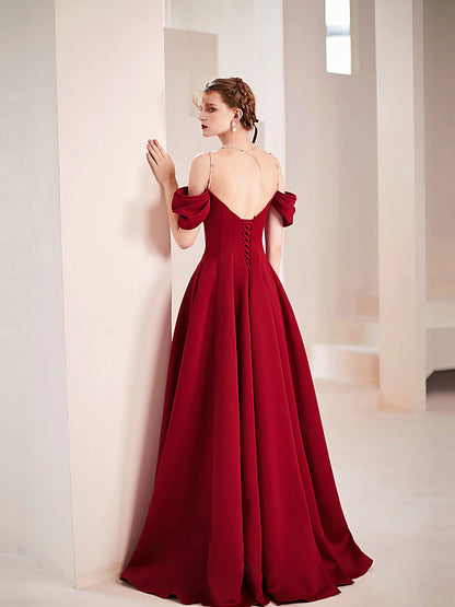 Regal Satin A-Line Off-Shoulder Crystal Strap Corset Back Floor Length Prom Gown