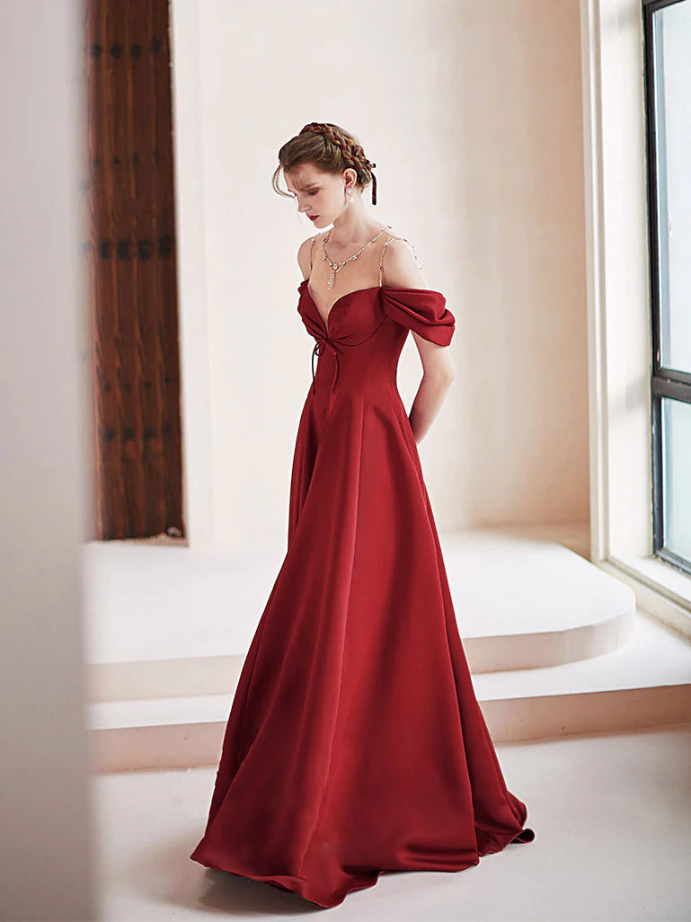 Regal Satin A-Line Off-Shoulder Crystal Strap Corset Back Floor Length Prom Gown