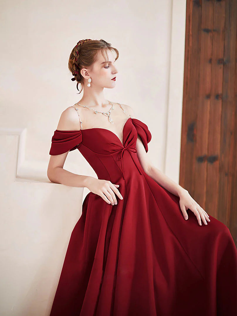 Regal Satin A-Line Off-Shoulder Crystal Strap Corset Back Floor Length Prom Gown