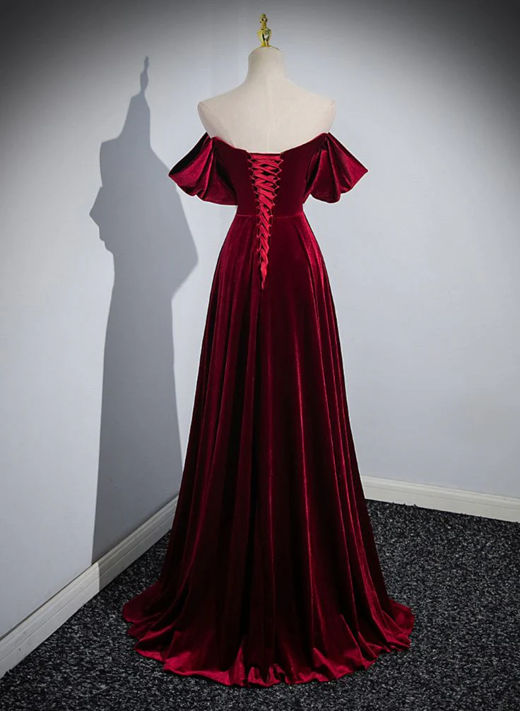 Regal Velvet A-Line Off-Shoulder Short Sleeve Lace-Up Floor-Length Evening Gown