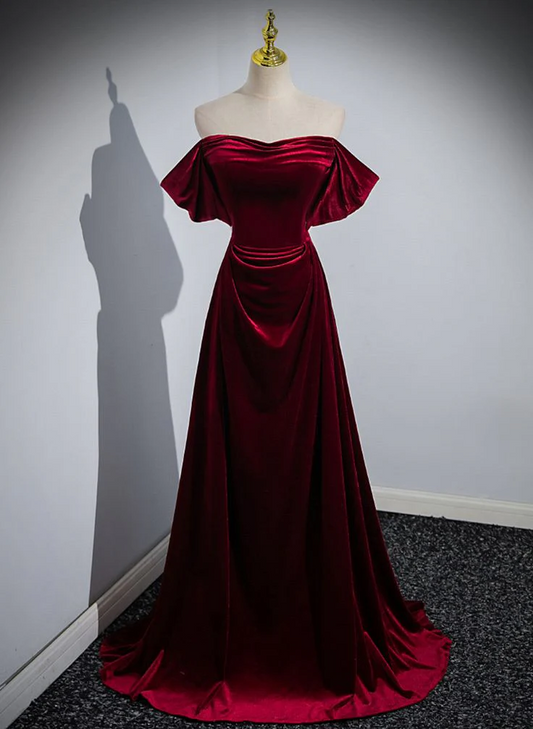 Regal A-Line Off-the-Shoulder Short Sleeve Lace-Up Back Floor-Length Velvet Evening Dresses