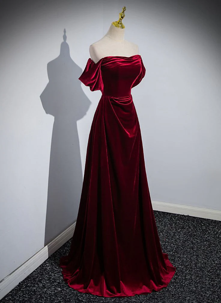 Regal Velvet A-Line Off-Shoulder Short Sleeve Lace-Up Floor-Length Evening Gown