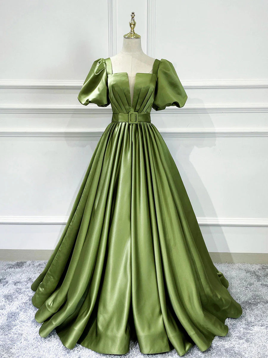 Regal Satin A-Line Square Neck Puff Sleeve Waist Belt Floor-Length Prom Dress