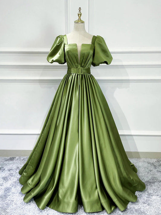 Regal A-Line Square Neck Puff Sleeve Waist Belt Floor Length Satin Prom Dress