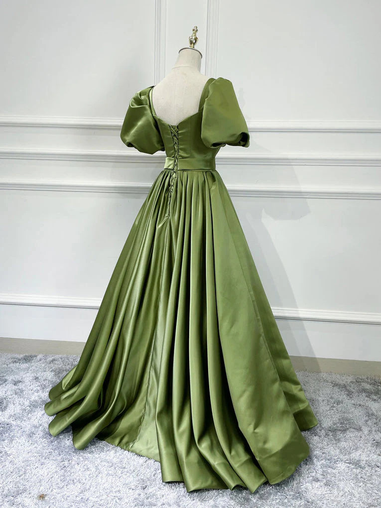 Regal Satin A-Line Square Neck Puff Sleeve Waist Belt Floor-Length Prom Dress