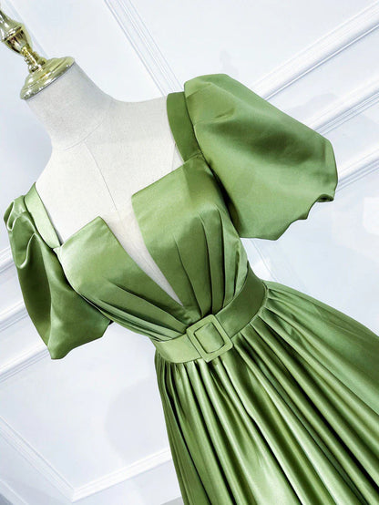 Regal Satin A-Line Square Neck Puff Sleeve Waist Belt Floor-Length Prom Dress
