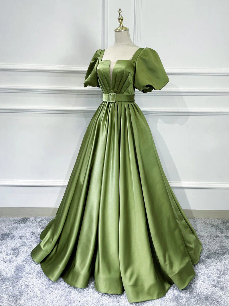 Regal Satin A-Line Square Neck Puff Sleeve Waist Belt Floor-Length Prom Dress
