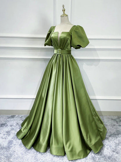 Regal Satin A-Line Square Neck Puff Sleeve Waist Belt Floor-Length Prom Dress
