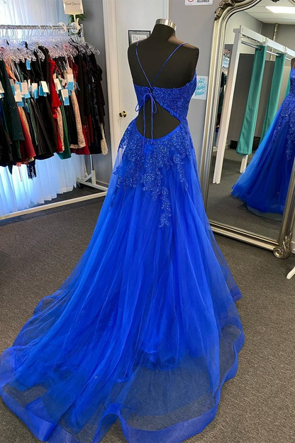 Regal Lace Tulle A-Line V-Neck Spaghetti Strap Lace-Up Floor-Length Prom Dress