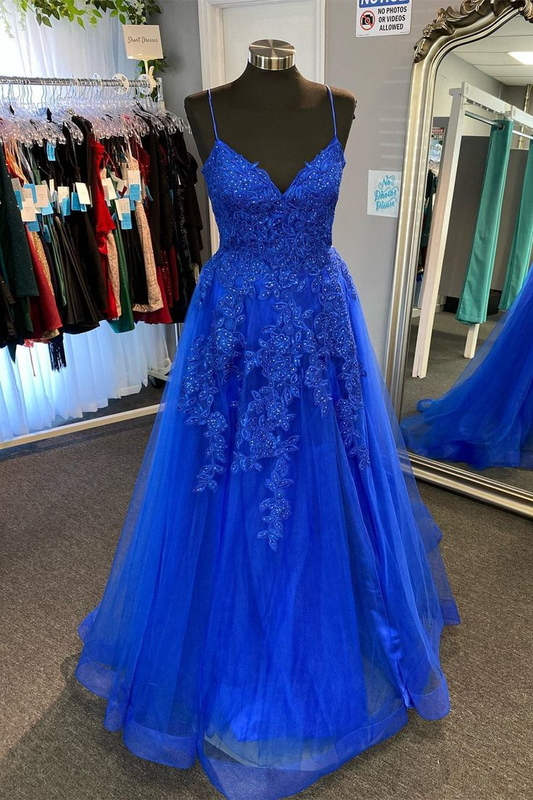 Regal A-Line V-Neck Spaghetti Strap Crisscross Lace-Up Back Floor-Length Lace Tulle Prom Dresses