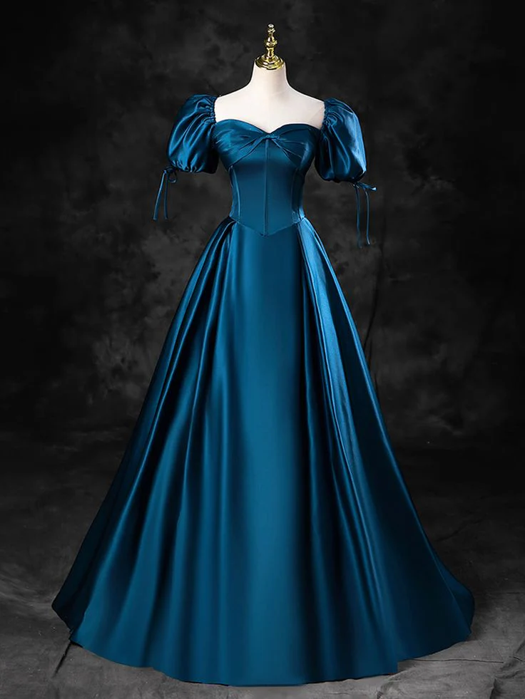 Opulent Satin Ball-Gown Off-Shoulder Puffed-Sleeve Lace-Up Teal Floor-Length Prom Dress