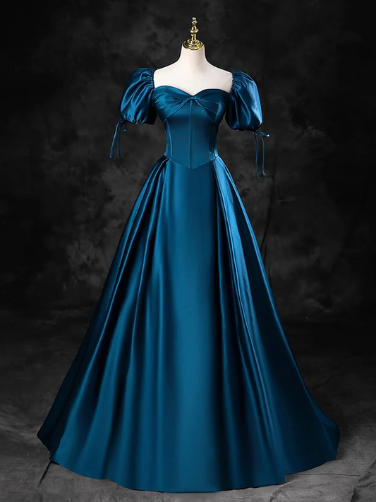 Regal Ball-Gown Off-the-Shoulder Puffed-Sleeve Lace-Up-Back Teal Satin Prom Dress