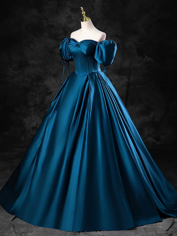Opulent Satin Ball-Gown Off-Shoulder Puffed-Sleeve Lace-Up Teal Floor-Length Prom Dress