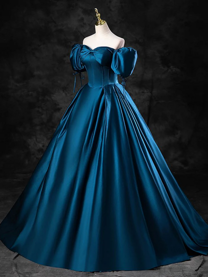 Opulent Satin Ball-Gown Off-Shoulder Puffed-Sleeve Lace-Up Teal Floor-Length Prom Dress