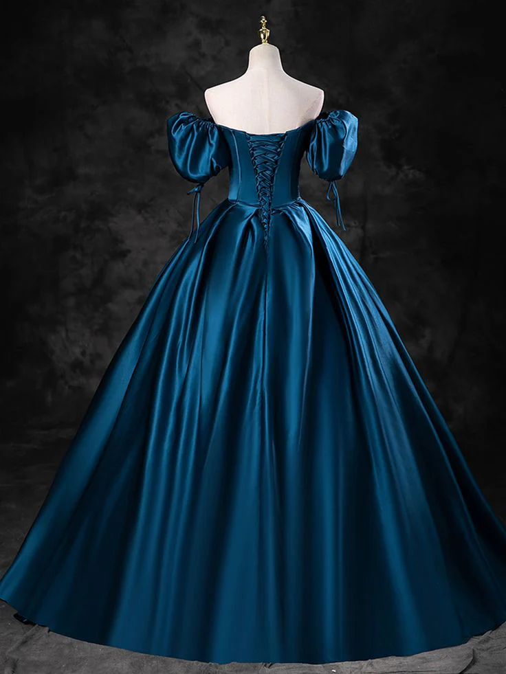 Opulent Satin Ball-Gown Off-Shoulder Puffed-Sleeve Lace-Up Teal Floor-Length Prom Dress