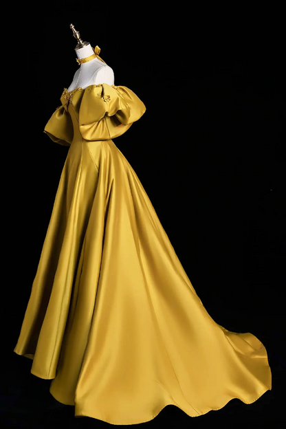 Opulent Yellow Satin Ball Gown Off-Shoulder Puffed Sleeve Lace-Up Prom Dress