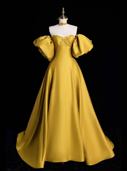 Regal Ball-Gown Off-the-Shoulder Puffed-Sleeve Lace-Up Choker Yellow Satin Prom Dress