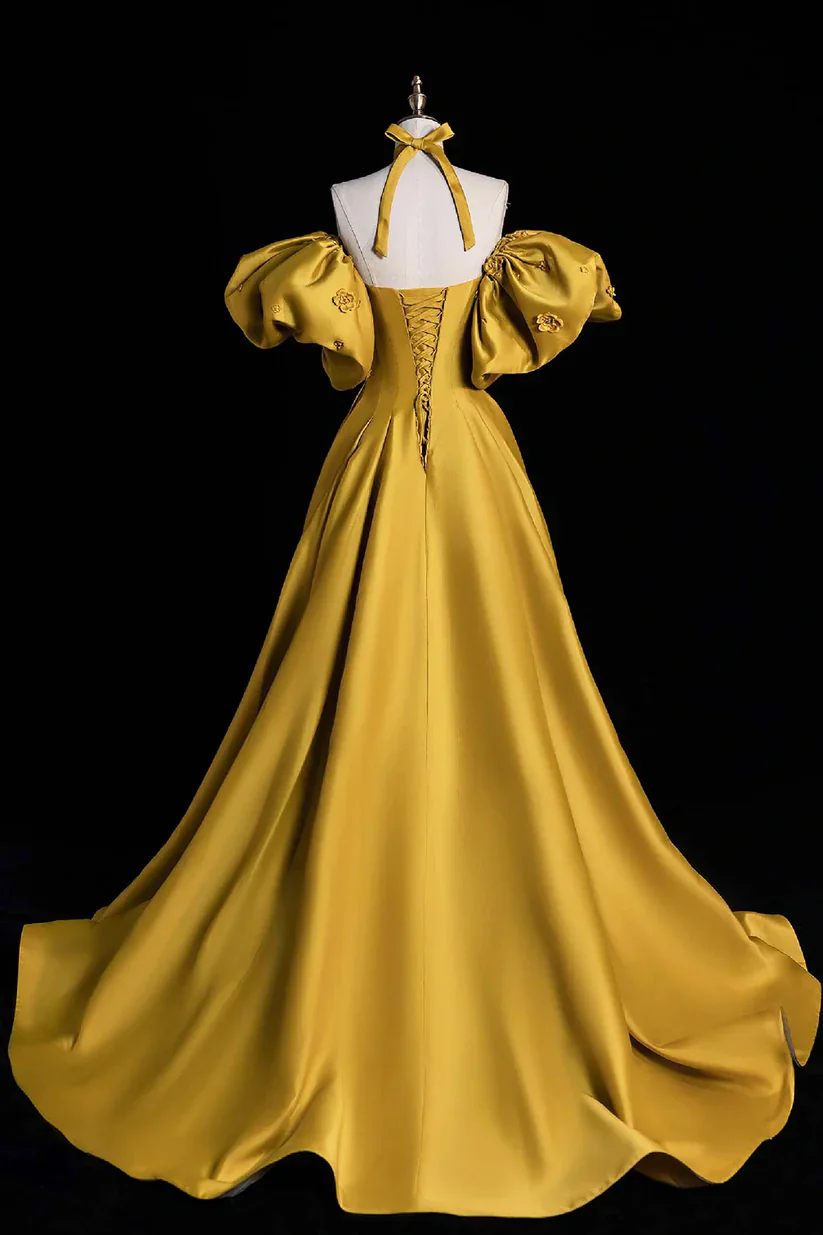 Opulent Yellow Satin Ball Gown Off-Shoulder Puffed Sleeve Lace-Up Prom Dress