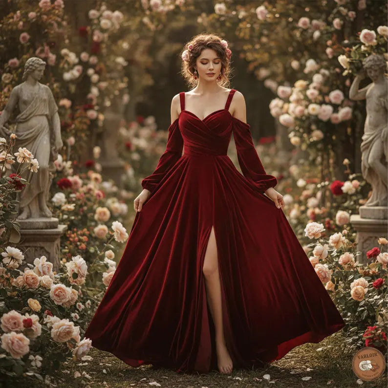Regal Burgundy Velvet Evening Dresses with Off-the-Shoulder Neck, Puff Sleeves, High Slit and Princess Ball Gown Silhouette Formal Gown