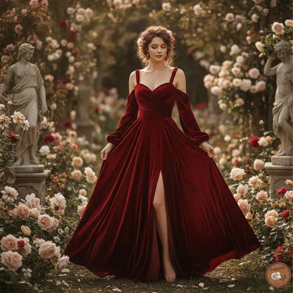 Regal Burgundy Velvet Evening Dresses with Off-the-Shoulder Neck, Puff Sleeves, High Slit and Princess Ball Gown Silhouette Formal Gown