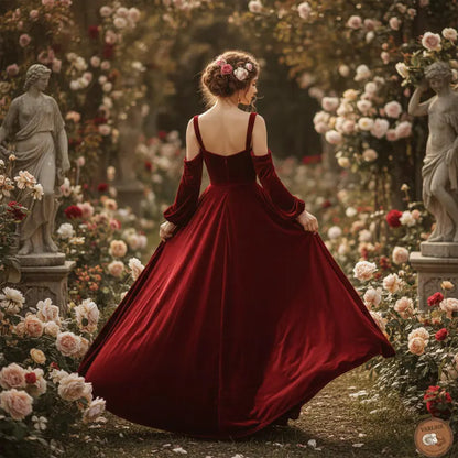 Regal Burgundy Velvet Evening Dresses with Off-the-Shoulder Neck, Puff Sleeves, High Slit and Princess Ball Gown Silhouette Formal Gown