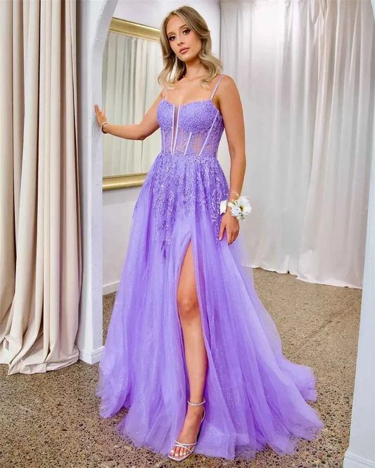 Regal Glittered Tulle Corset-Bodice A-Line Spaghetti-Strap Floor Length Prom Dress