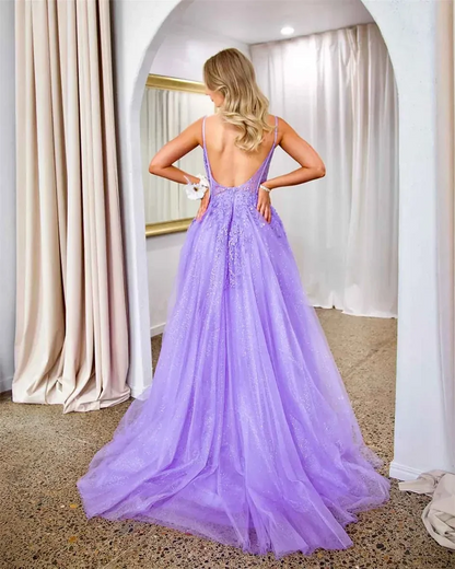 Regal Glittered Tulle A-Line Sweetheart Corset Floor-Length Prom Dress