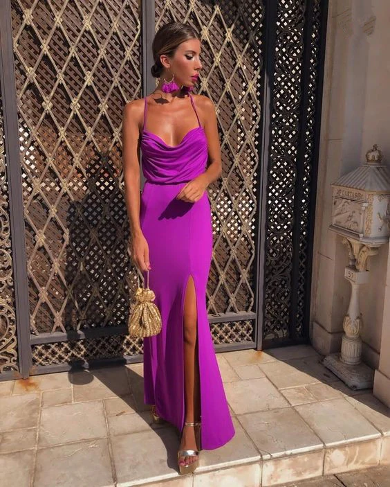 Sleek Jersey Sheath Cowl-Neck Crisscross-Back High-Slit Floor-Length Prom Dress