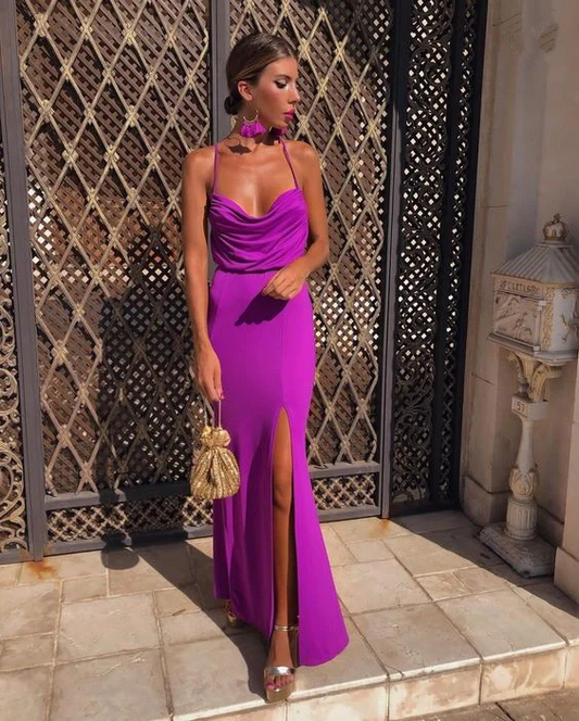 Regal Jersey Cowl-Neck Crisscross-Back High-Slit Floor Length Prom Dress