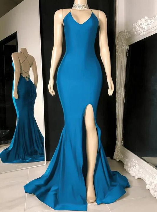 Regal Jersey Mermaid V-Neck Crisscross-Back High-Slit Floor Length Prom Dress