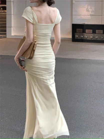 Elegant Modern Mermaid Square-Neck Cap-Sleeve Ruched Floor-Length Prom Gown