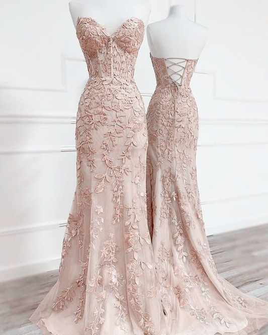 Regal Lace-Appliqued Strapless Corset-Back Mermaid Floor Length Prom Dress