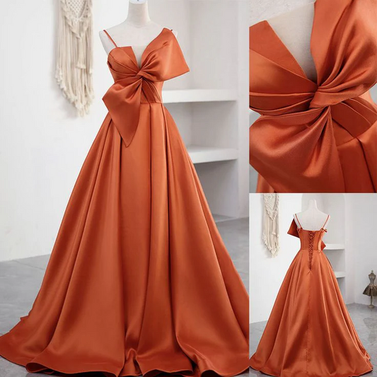 Regal Satin A-Line Asymmetrical-Bow Corset-Back Floor Length Prom Dress