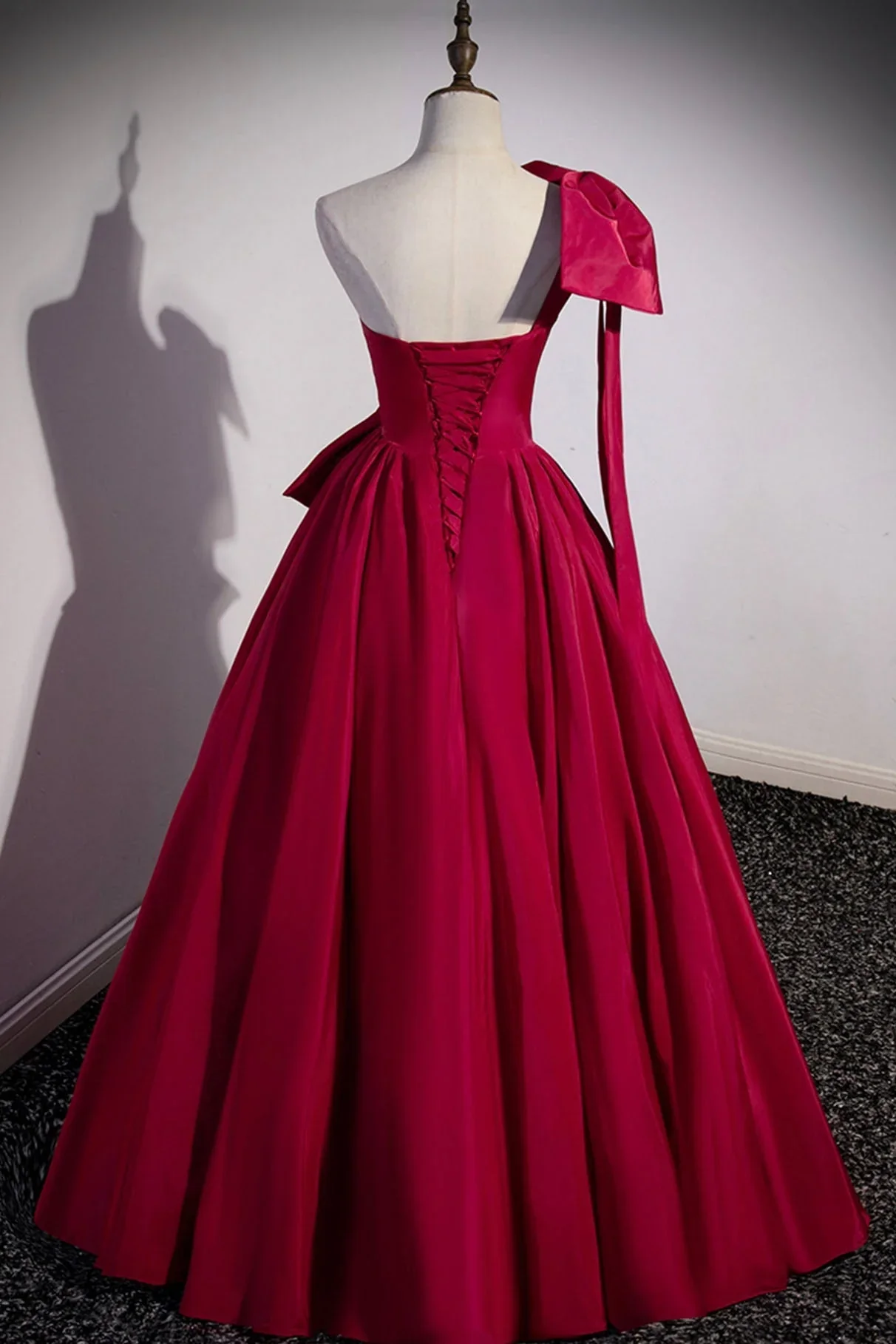 Elegant Satin A-Line One-Shoulder Corset-Back Oversized-Bow Floor-Length Prom Dress